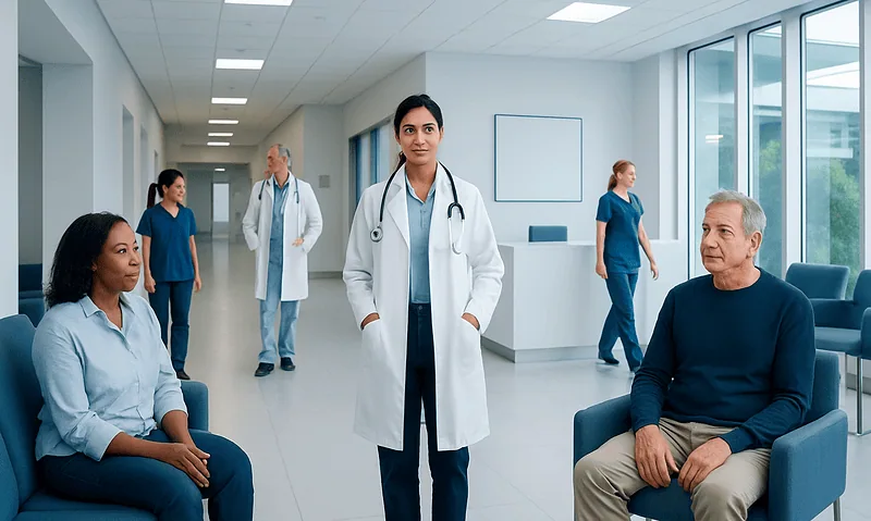 Healthcare professionals and patients in a modern hospital corridor.