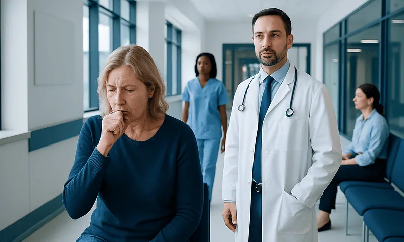 Post Viral Cough Explained: Common Triggers and Red Flags 18 Patient coughs in hospital corridor with medical staff nearby.