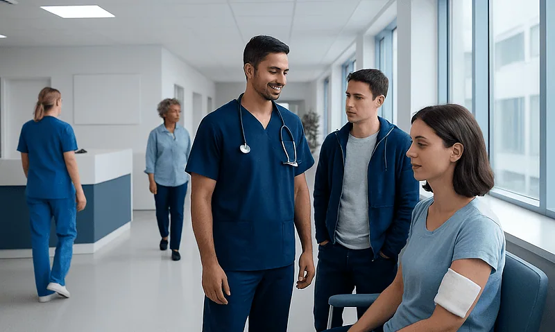 Healthcare professional consulting young patient in hospital corridor.