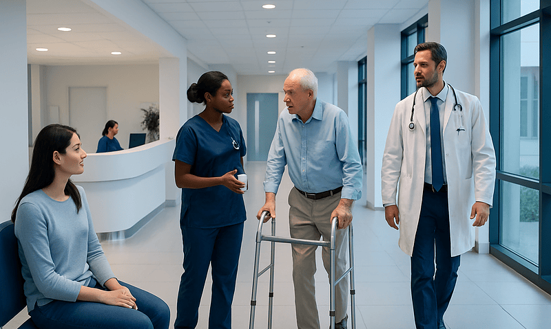 Healthcare professionals assisting elderly patient in hospital corridor.