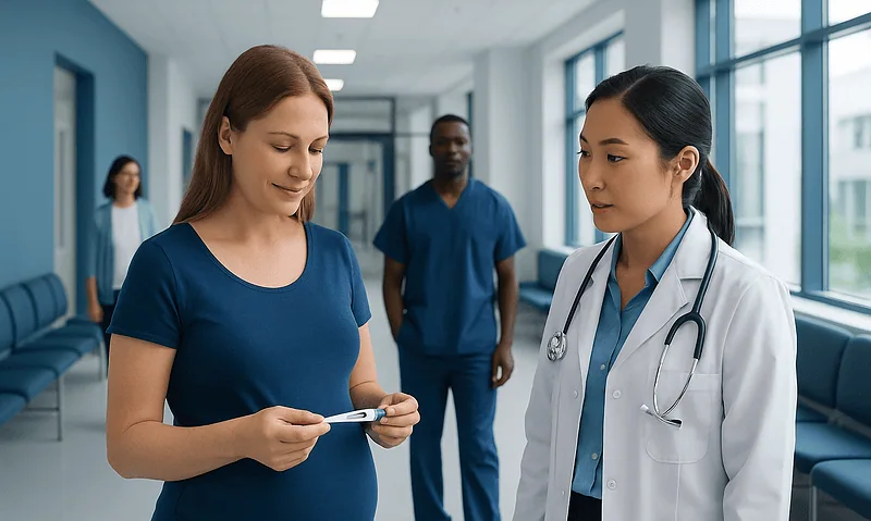 Pregnancy test consultation at a hospital with medical staff and patient.