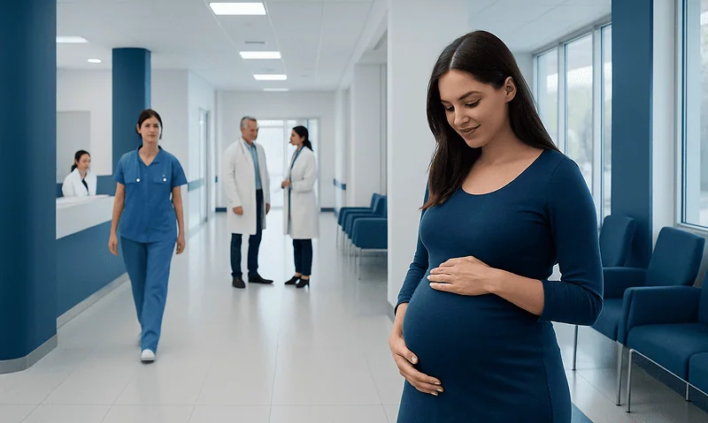 Pregnant woman in hospital corridor with medical staff in background.