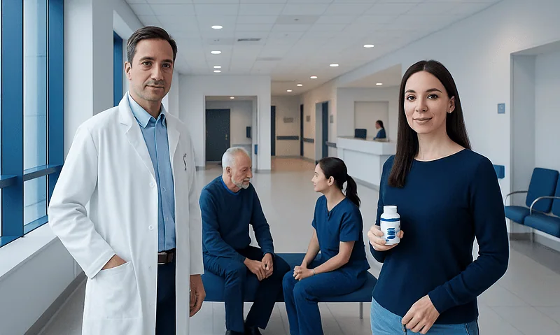 Healthcare professionals and patients in a modern hospital corridor.