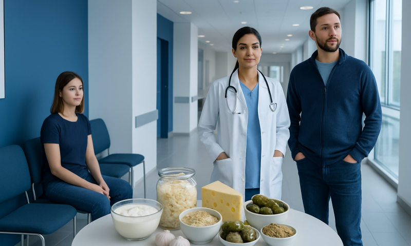 Healthcare professionals and patient with probiotic foods in hospital corridor.