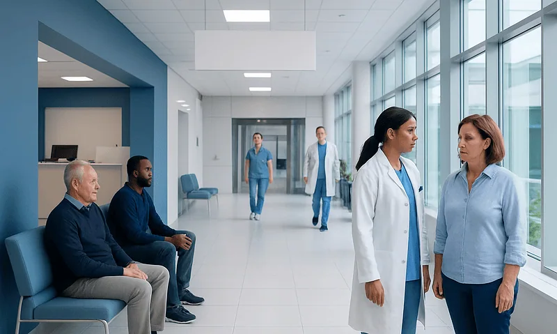 Health Library 11 Hospital corridor with medical staff and patients in a modern healthcare facility.