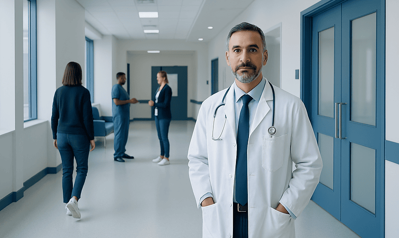 Experienced doctor in hospital corridor with medical staff in background.