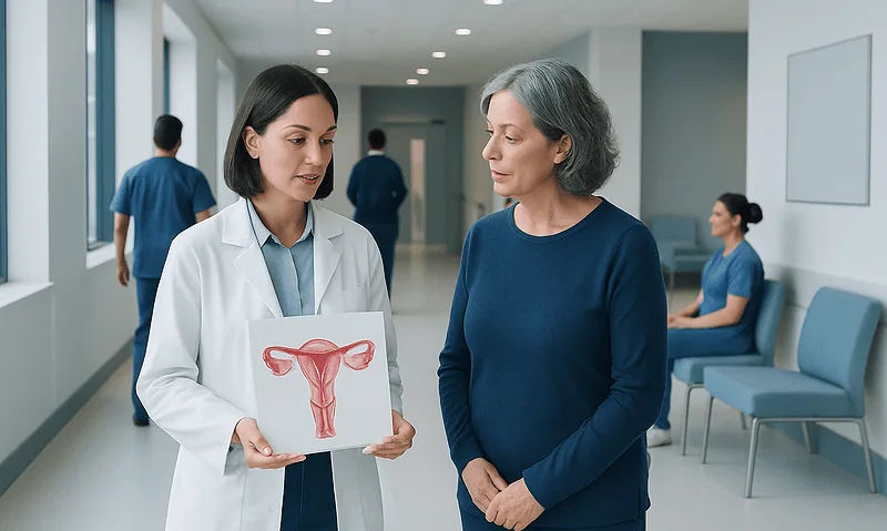 Doctor explaining prolapsed uterus to patient in hospital corridor.