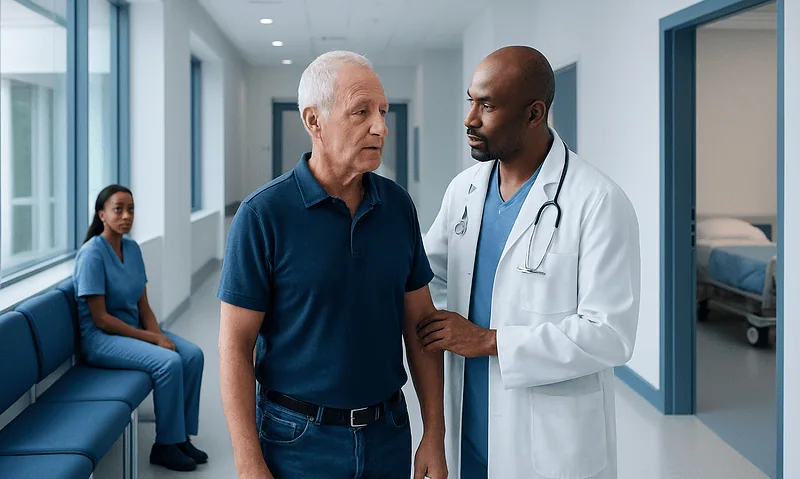 Doctor discussing prostate health with senior male patient in hospital corridor.