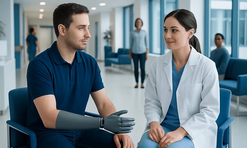 Patient with prosthetic arm consulting with doctor in hospital corridor.