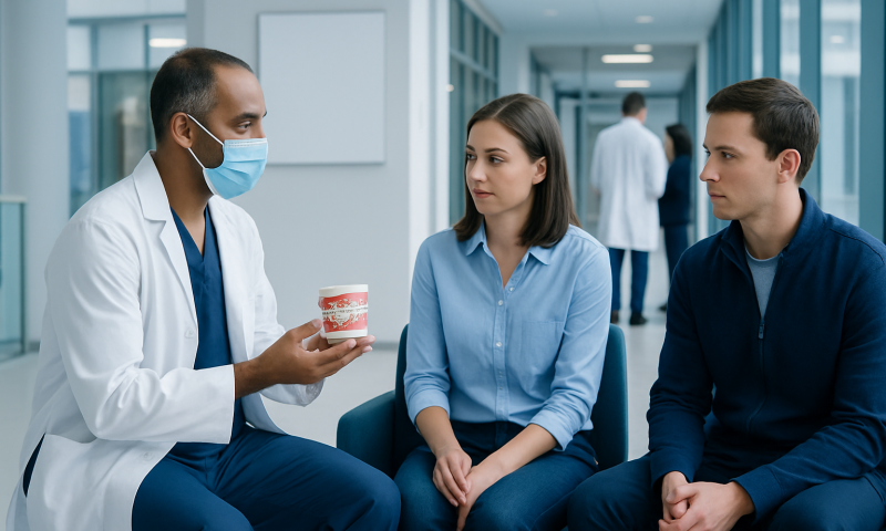 Dentist explaining dental treatment options to patients in a hospital corridor.
