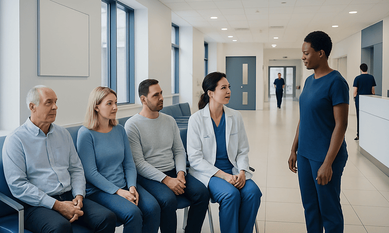 Medical consultation with a healthcare professional and patients in a hospital corridor.