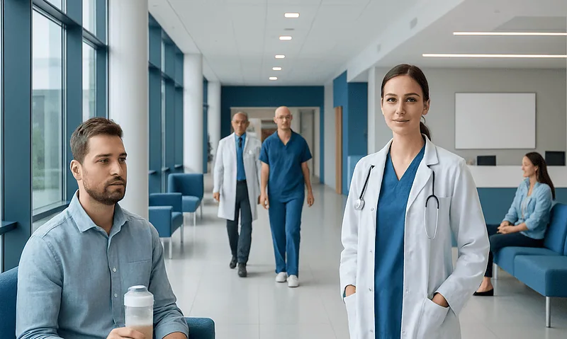 Healthcare professionals and patient in a modern hospital corridor.