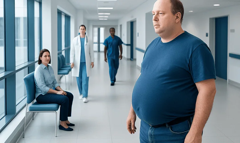 Man with protruding belly waiting in hospital corridor with medical staff nearby.