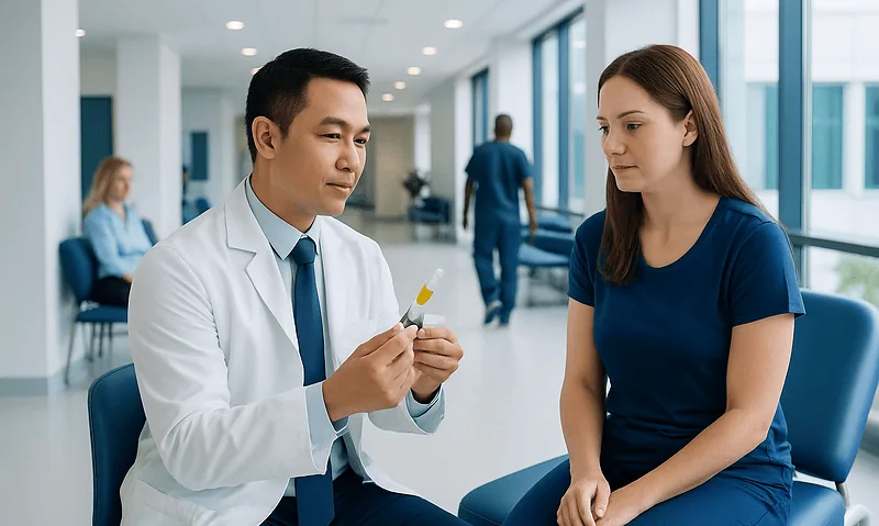 Doctor explaining treatment options to a patient in a modern hospital corridor.