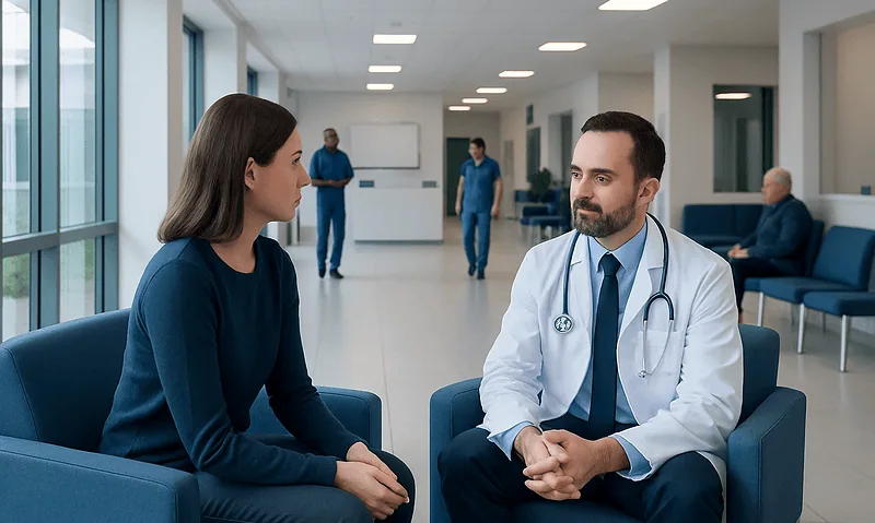 Doctor consulting with a female patient in a modern hospital corridor.