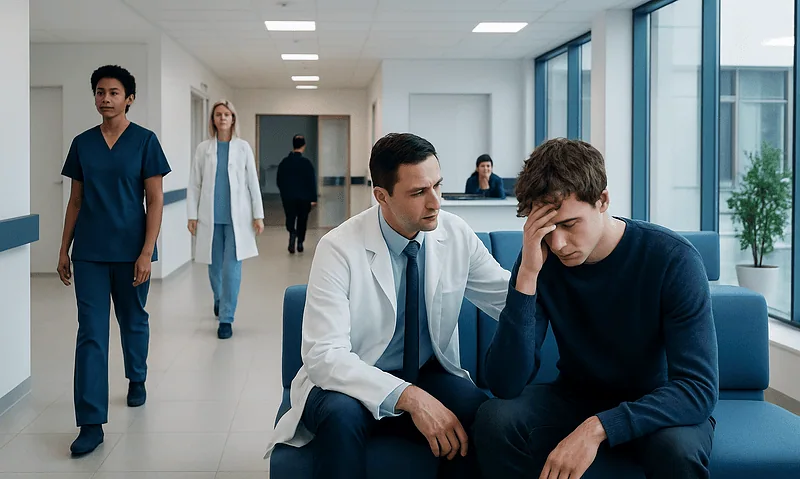 Doctor comforting a young patient in a hospital corridor.