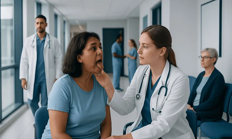 Doctor examining patient's tongue in hospital corridor.