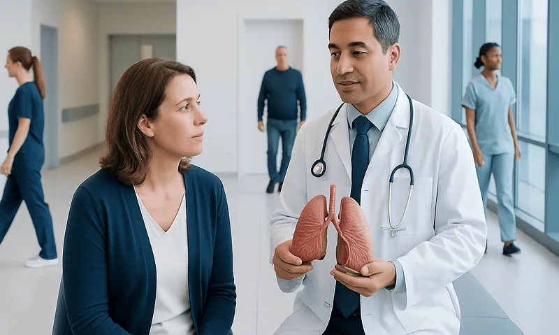 Pulmonologist: An Evidence-Based Guide for Patients 6 Pulmonologist explaining lung health to a patient in hospital corridor.