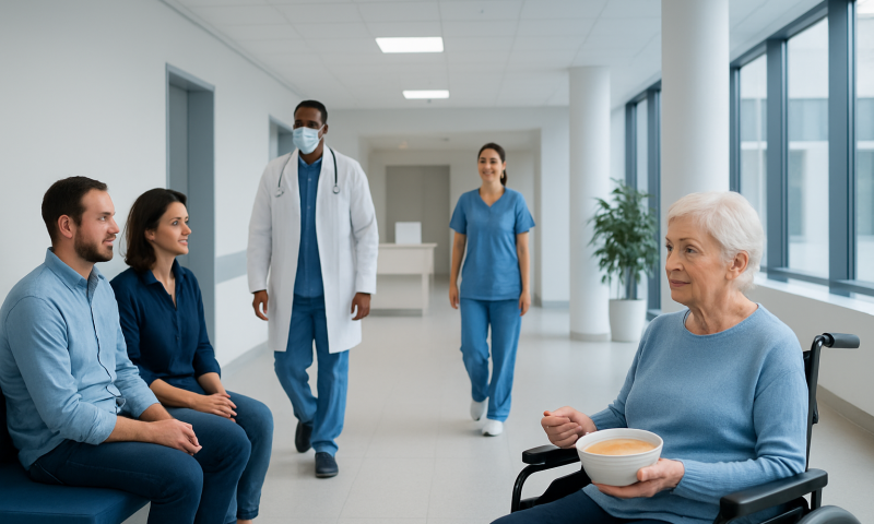 Elderly woman in wheelchair with healthcare team in hospital corridor.
