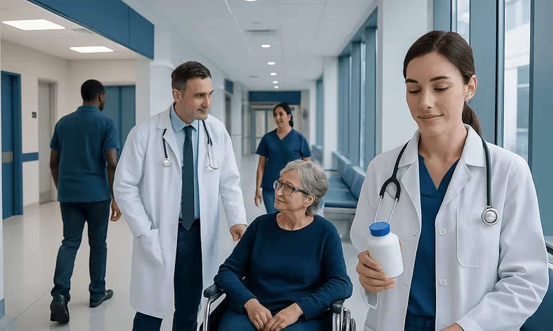 Q10 Health Supplement: Benefits, Risks, and Safe Use 4 Healthcare professionals consulting with elderly patient in hospital corridor.