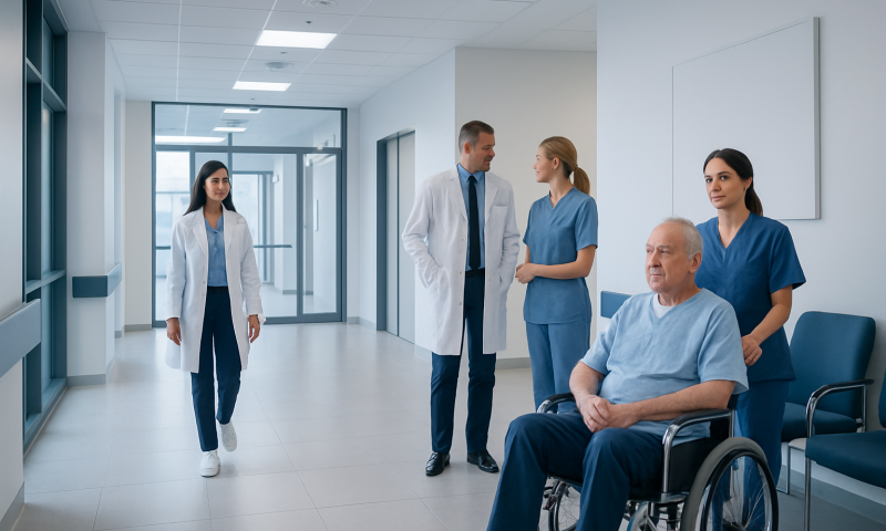 Medical team consulting with patient in hospital corridor.