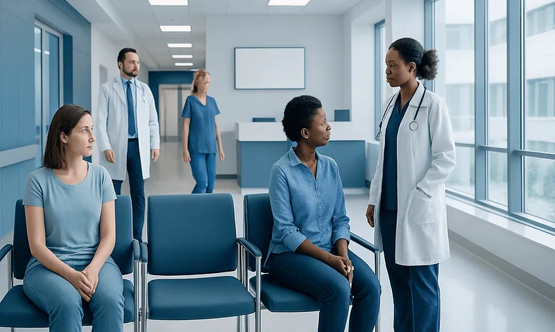 Medical consultation in a hospital waiting area with healthcare professionals and patients.