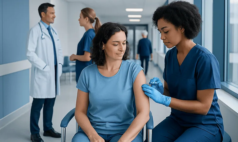 Nurse administering rabies vaccine to a patient in a hospital corridor.
