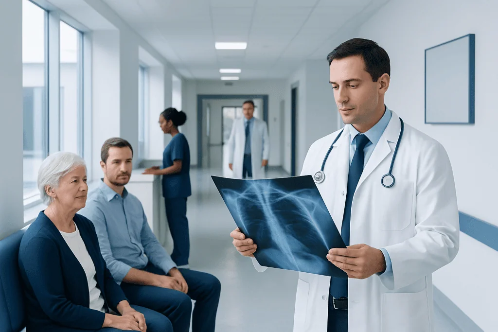 Radiologist: A Complete Medical Overview 1 Radiologist reviewing chest X-ray with elderly patient and family in hospital corridor.