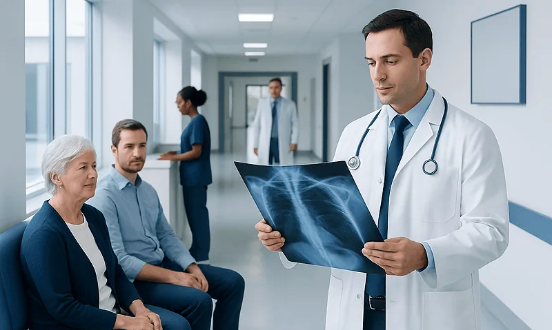 Radiologist reviewing chest X-ray with elderly patient and family in hospital corridor.