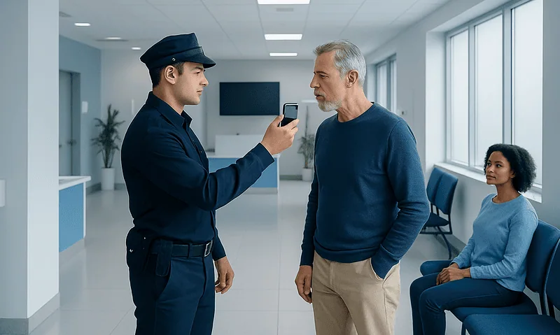 Security officer conducts breath test on a man in a hospital waiting area.