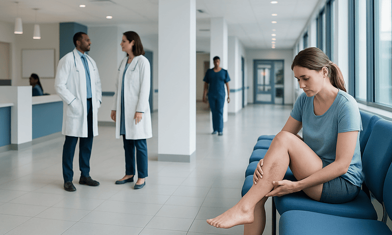 Young woman with leg rash waiting in hospital corridor.