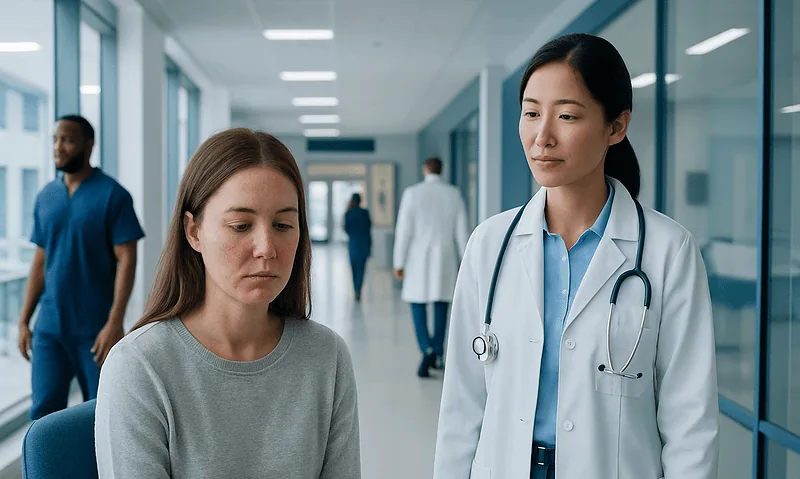 Doctor consulting with a patient in a hospital corridor.