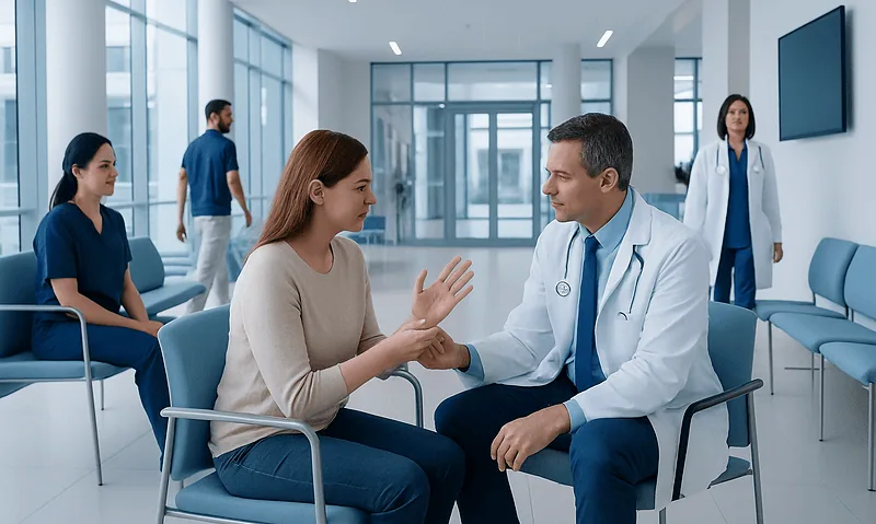 Doctor consulting with a patient in a modern hospital waiting area.