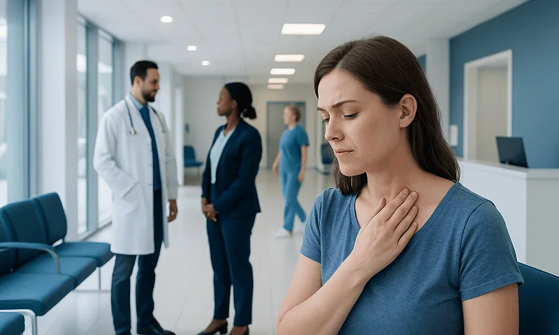 Woman experiencing neck discomfort in a hospital waiting area.