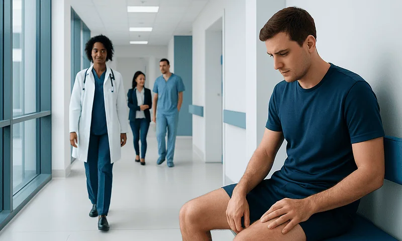 Young man with thigh rash sitting in hospital corridor.