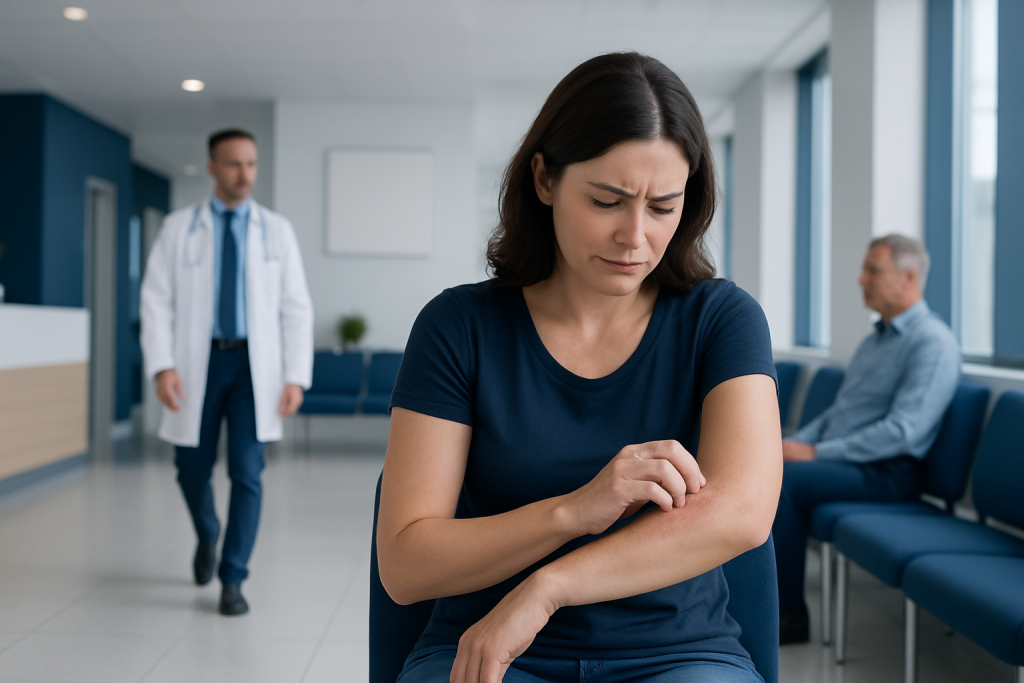 Rash on Inside of Elbow: Common Causes, Related Conditions, and When to See a Doctor 1 Woman with rash on inside of elbow in medical clinic.