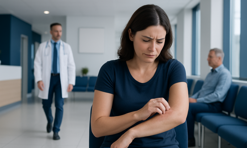 Woman with rash on inside of elbow in medical clinic.