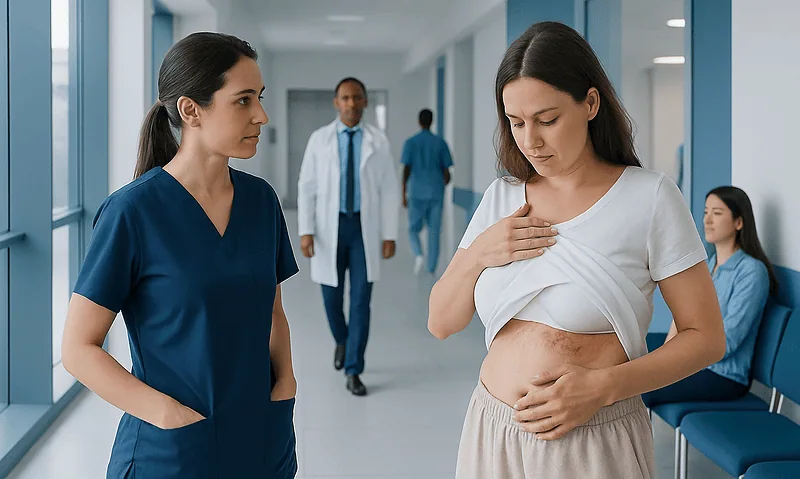 Patient with rash under breast consulting healthcare professional in hospital corridor.