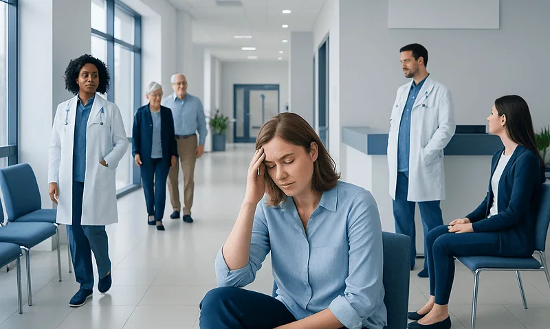 Young woman with headache in hospital corridor with medical staff nearby.