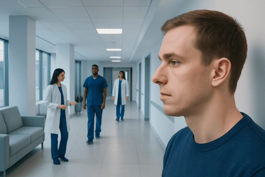Recessed Maxilla: A Complete Medical Overview 1 Young male patient waiting in hospital corridor with medical staff in background.