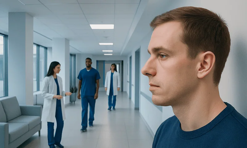 Young male patient waiting in hospital corridor with medical staff in background.