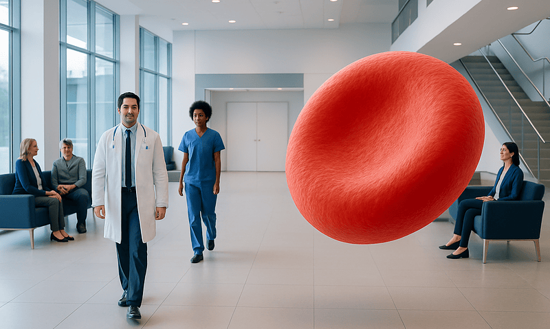 Medical professionals and patients in a hospital lobby with a large red blood cell model.