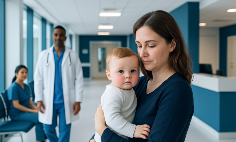 Mother holding baby in hospital corridor with medical staff in background.