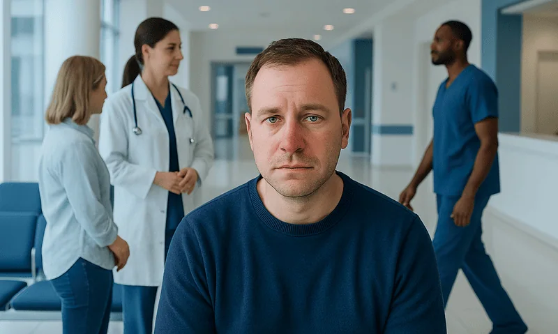 Concerned man in hospital corridor with medical staff in background.