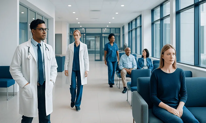 Medical professionals and patient in a hospital corridor.