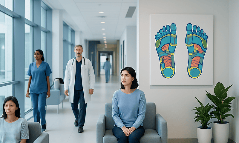 Patients waiting in a modern hospital corridor with reflexology chart on the wall.