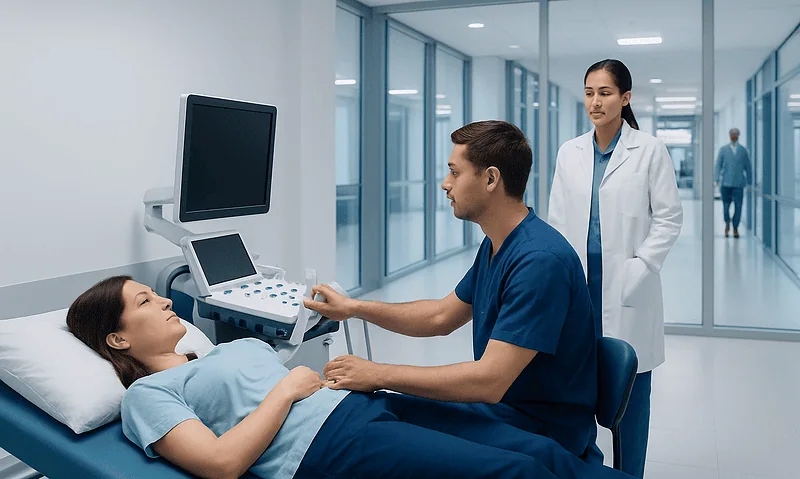 Doctor performing ultrasound exam on patient in hospital corridor.