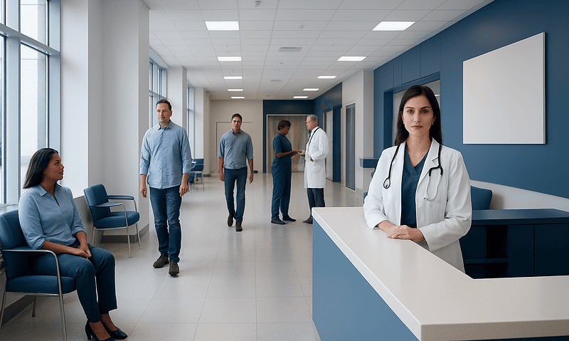 Medical professionals and patients in a modern hospital corridor.