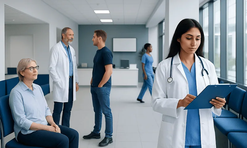 Medical professionals and patient in a hospital corridor at Acibadem Hospitals Group.