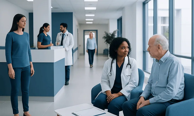 Medical consultation in a modern hospital corridor with diverse healthcare staff.